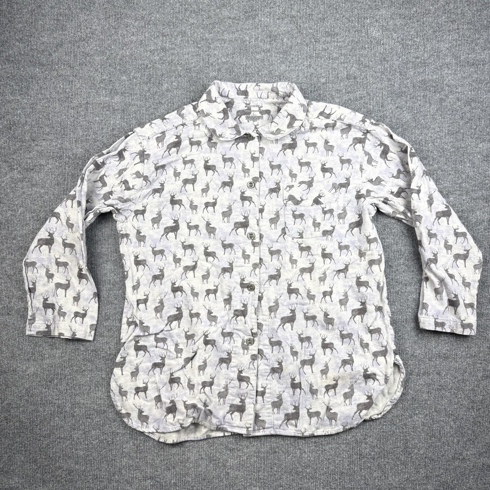 Sleep Sense Pajama Top Womens Large White Deer Print Flannel Button Front Lounge